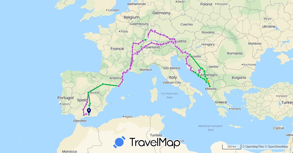 TravelMap itinerary: driving, bus, train, hitchhiking in Albania, Austria, Bosnia and Herzegovina, Switzerland, Germany, Spain, France, Croatia, Montenegro, Slovenia (Europe)